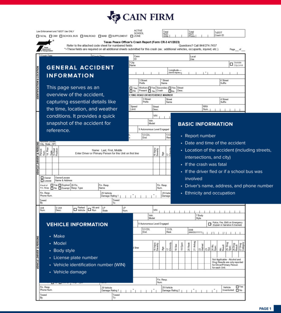 Cain Firm crash report page highlighting general accident and vehicle information