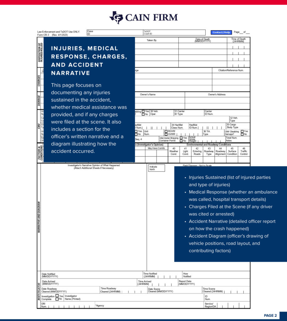 Cain Firm accident report form page highlighting injuries, medical response, charges, and accident narrative details with officer’s written narrative and diagram section.