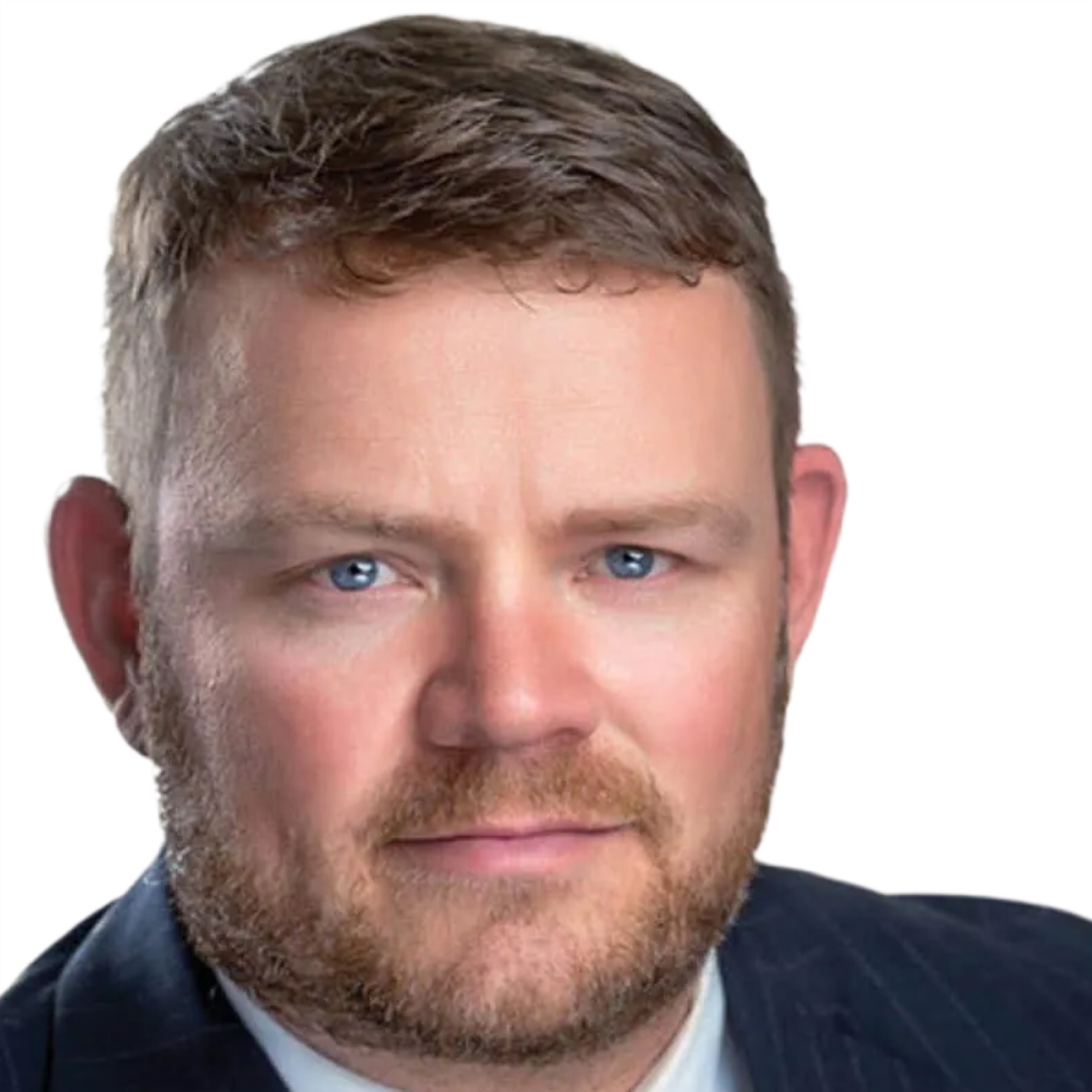 Close-up professional headshot of Brett Cain, Texas personal injury lawyer, in dark suit and white shirt against white background