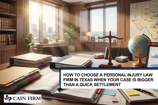 Office desk with folders, documents, and tools representing law firm selection