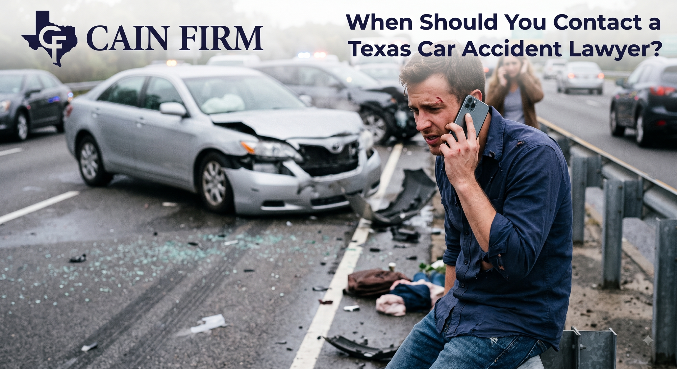 Man on phone at a multi-car collision scene on a highway, featuring 'The Cain Firm' logo and text questioning when to contact a Texas car accident lawyer.