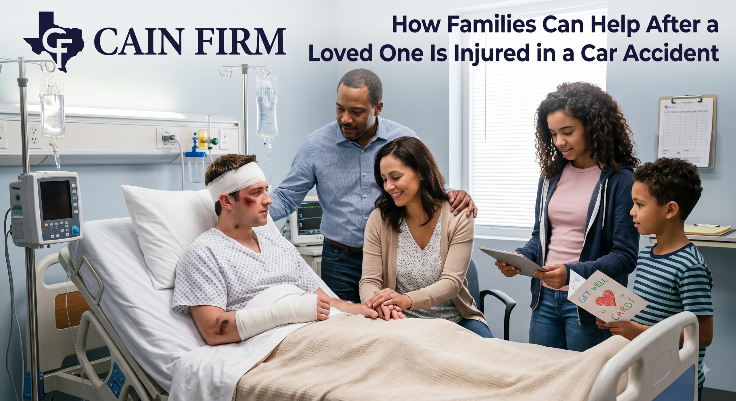 Photo of family supporting an injured loved one in a hospital with The Cain Firm logo and blog title text.