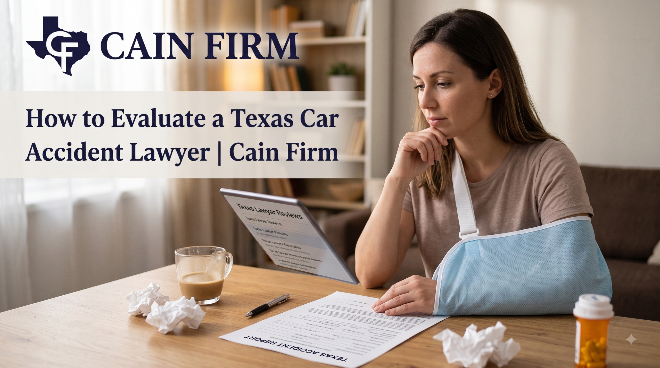 A woman with car accident injuries researching and evaluating Texas car accident lawyers online.