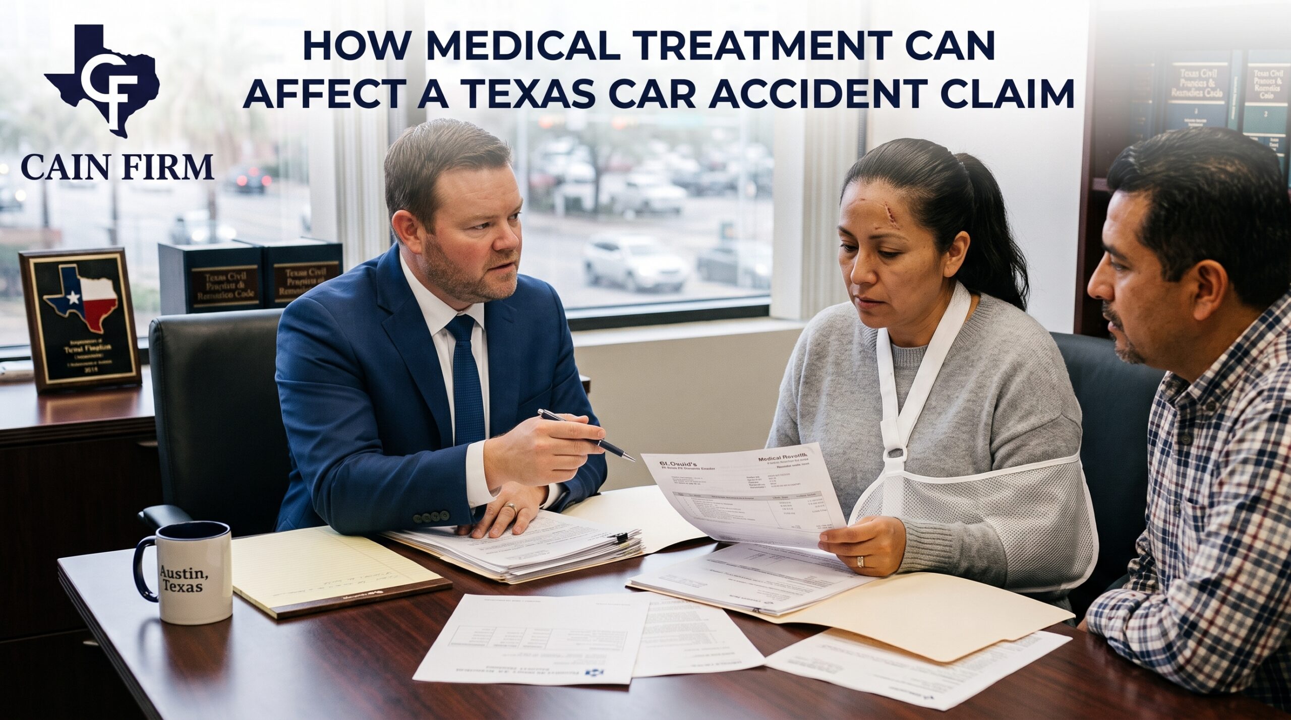 Texas car accident lawyer discussing medical treatment and injury claims with clients in an office setting.