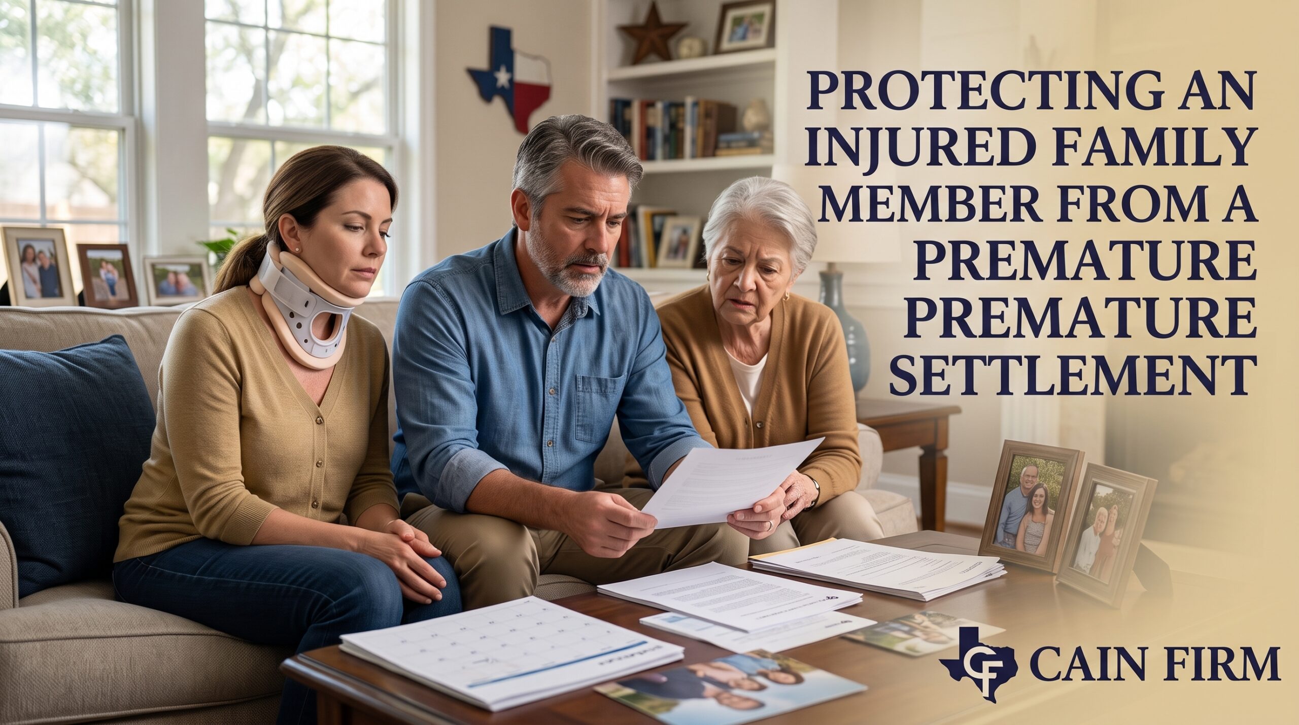 A woman wears a medical neck brace while two family members review paperwork with her.