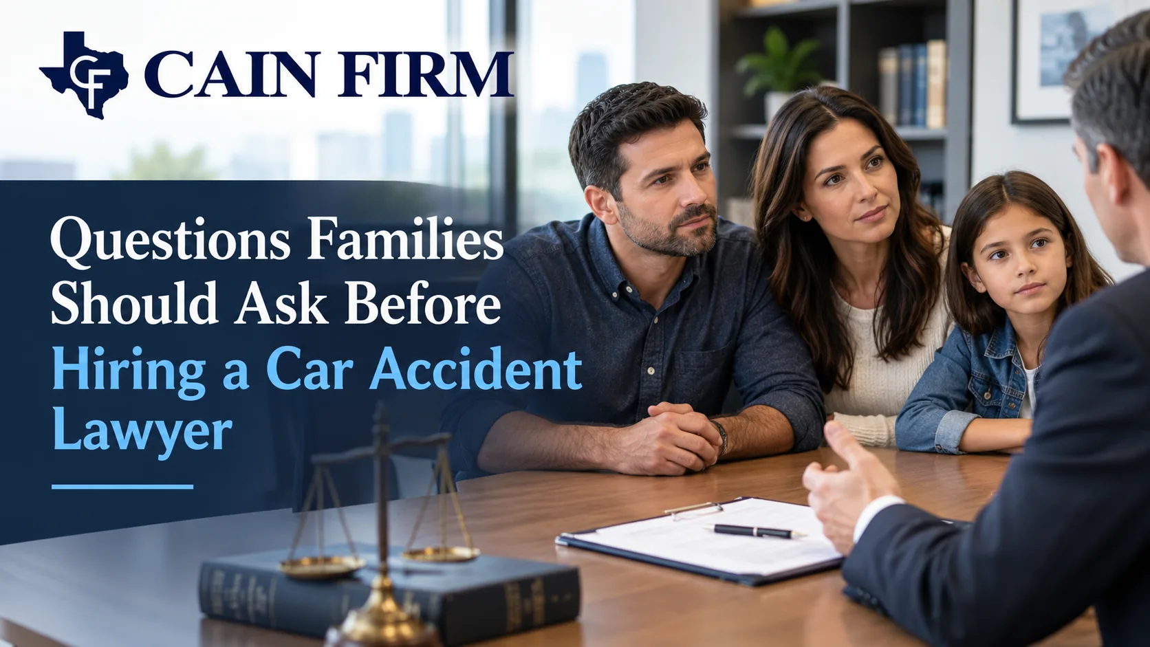 The Cain Firm graphic featuring a family meeting with a car accident lawyer and the text “Questions Families Should Ask Before Hiring a Car Accident Lawyer.”