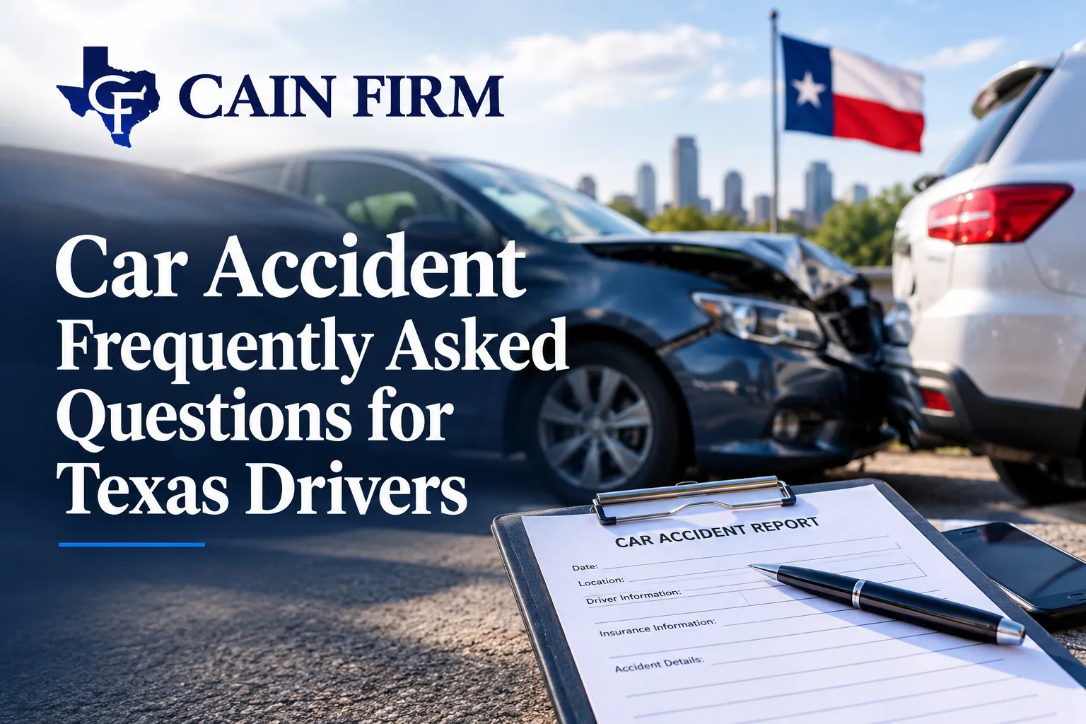 Car accident scene in Texas with damaged vehicles and Cain Firm logo, illustrating frequently asked questions for Texas drivers